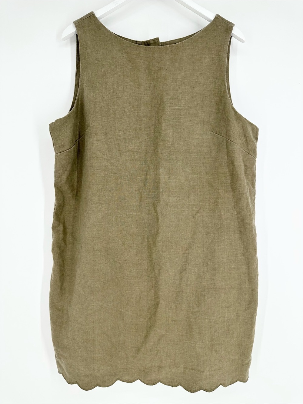 J. Crew Scalloped Trim Linen Shift Dress in Moss CA670